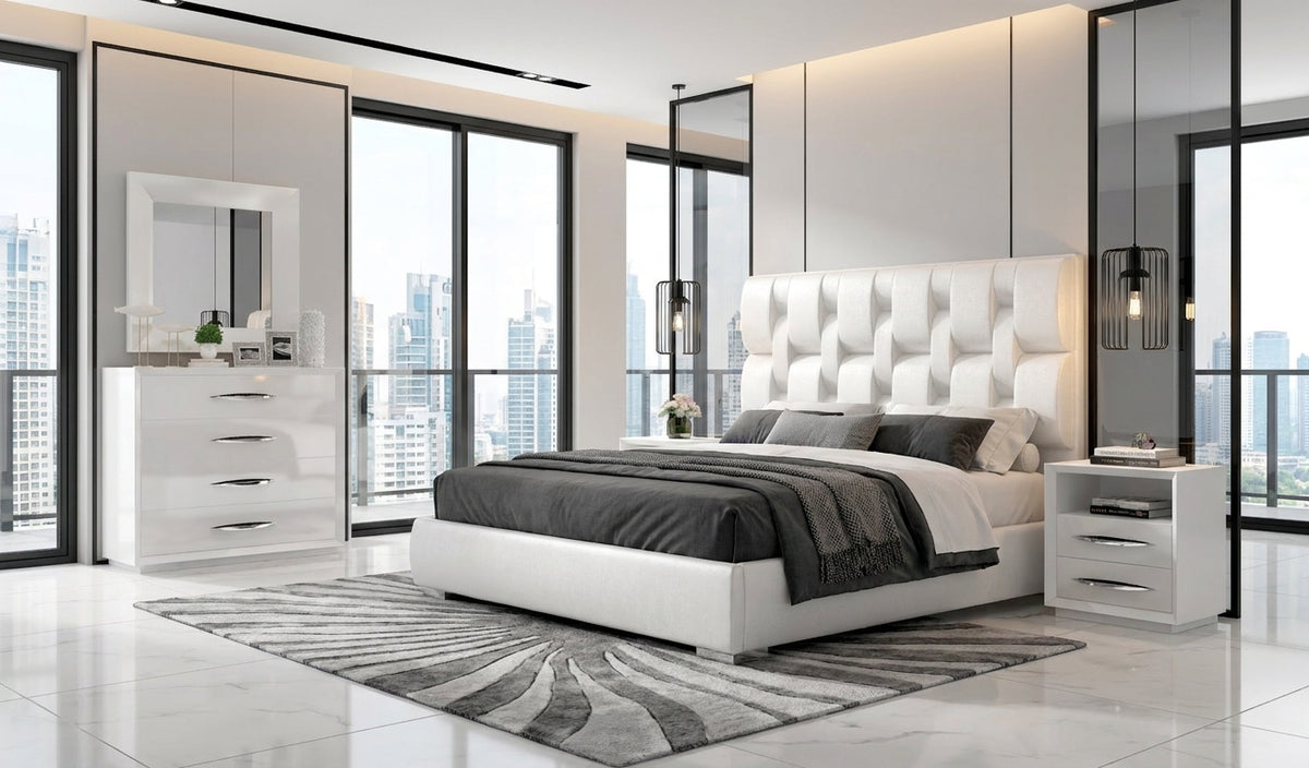 Upholstered White Platform Bed with Matching Nightstands and Dresser