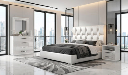 Upholstered White Platform Bed with Matching Nightstands and Dresser