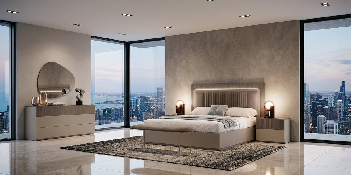 Upholstered Taupe Queen Bedroom Set with Illuminated Headboard and Coordinating Dresser