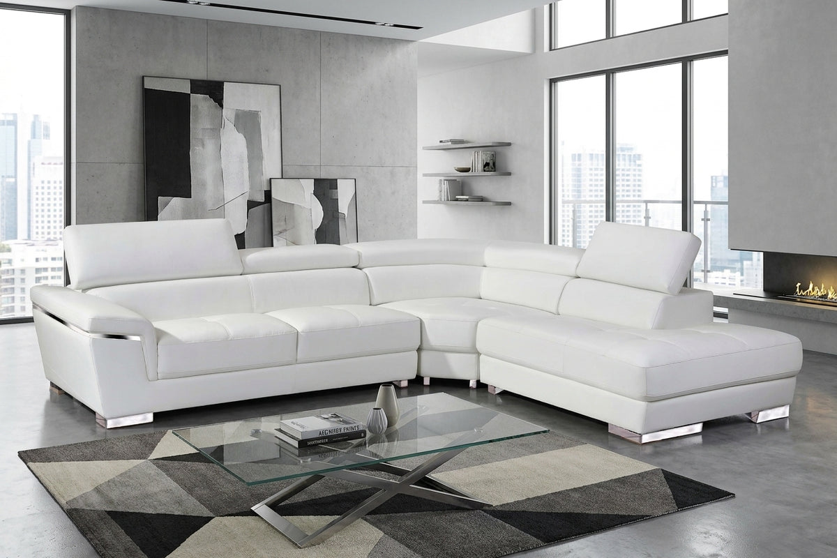 Classic White Sectional with Adjustable Headrests and Chrome Legs