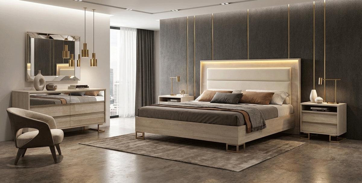 Upholstered Light Wood Queen Bedroom Set with Ambient Lighting and Mirrored Dresser