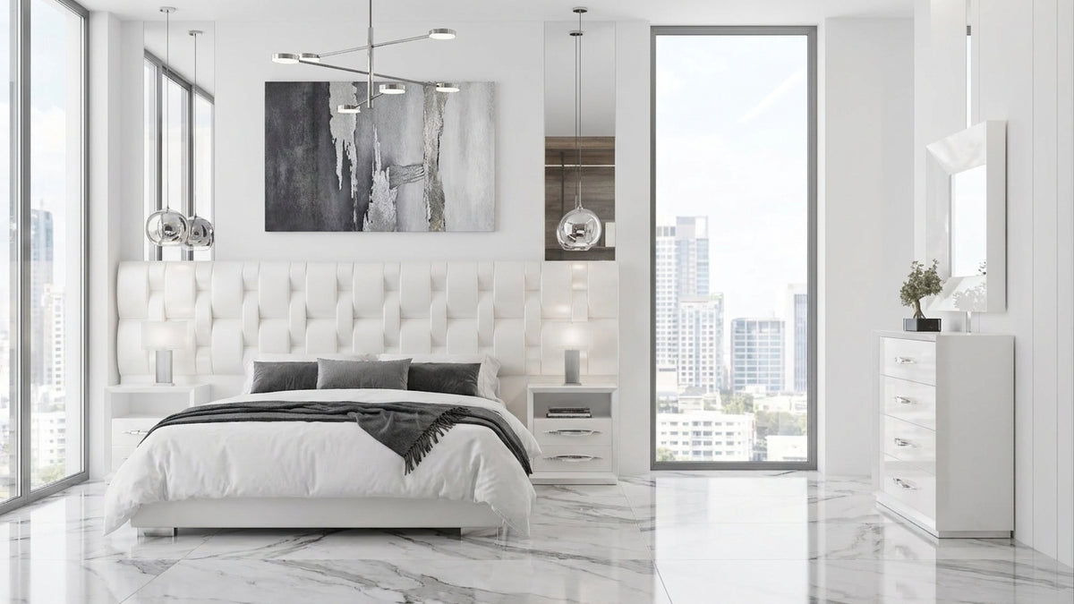 Modern White High-Gloss Queen Bedroom Set with Upholstered Bed Frame and Double Dresser