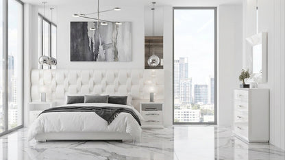 Modern White High-Gloss Queen Bedroom Set with Upholstered Bed Frame and Double Dresser