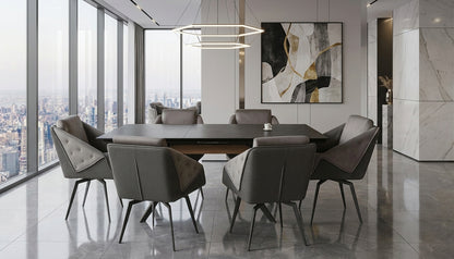 Contemporary Dark Extendable Dining Table with Upholstered Chairs and Metal Legs