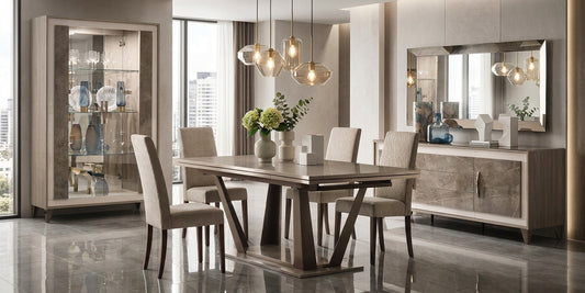 Sleek Glossy Taupe Dining Table with Extension Leaf and Upholstered Chairs