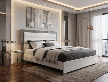 Modern White and Grey Queen Bed with Upholstered Headboard and Wooden Slats Frame