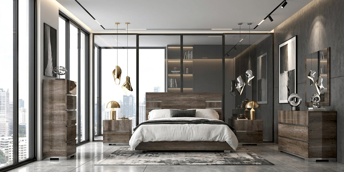 Contemporary Vintage Oak Bedroom Set with Soft-Close Drawers and Dresser Mirror