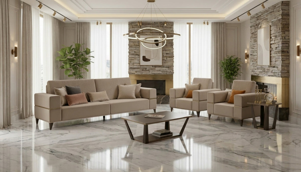 Classic Beige Velvet Sofa and Armchair Set with Wood Coffee Table and Lamp Table