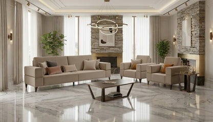 Classic Beige Velvet Sofa and Armchair Set with Wood Coffee Table and Lamp Table