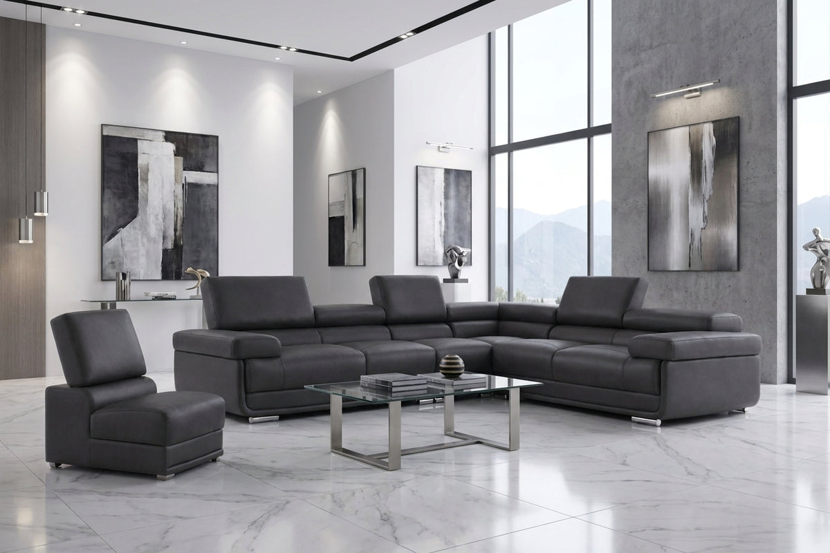 Contemporary Dark Grey Sectional with Adjustable Headrests and Armless Chair