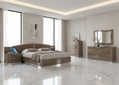 Modern Silver Birch Platform Bed with Upholstered Headboard and Lift Storage