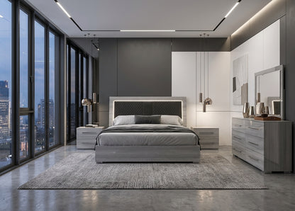 Modern Silver Grey Bedroom Set with Illuminated Upholstered Headboard and Coordinated Storage Pieces