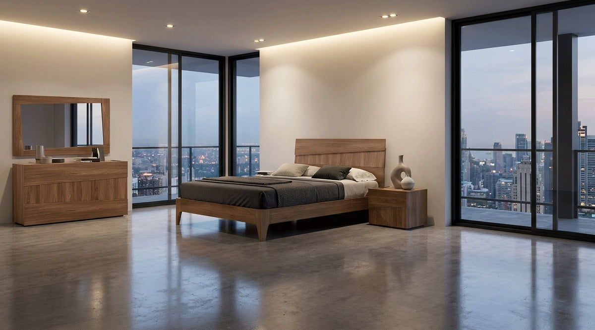 Contemporary Walnut Bedroom Set with Platform Bed and Nightstands