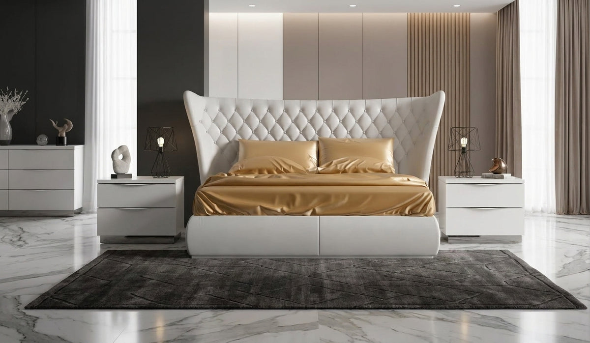 Modern High-Gloss White Bed with Upholstered Headboard and Matching Nightstands