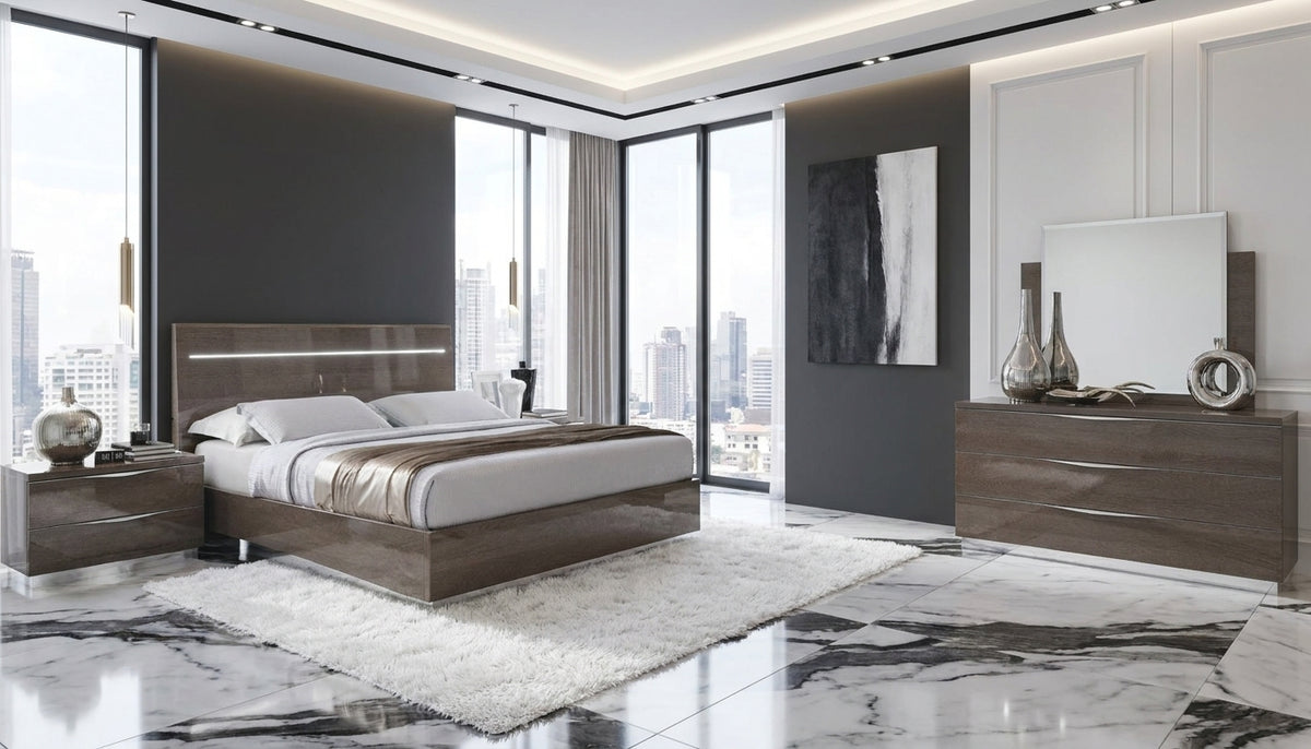 Modern Silver Birch Bed with Integrated Headboard Lighting and Coordinating Dresser