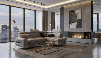 Sleek Grey Sectional Sofa with Pull-Out Bed and Storage Niche