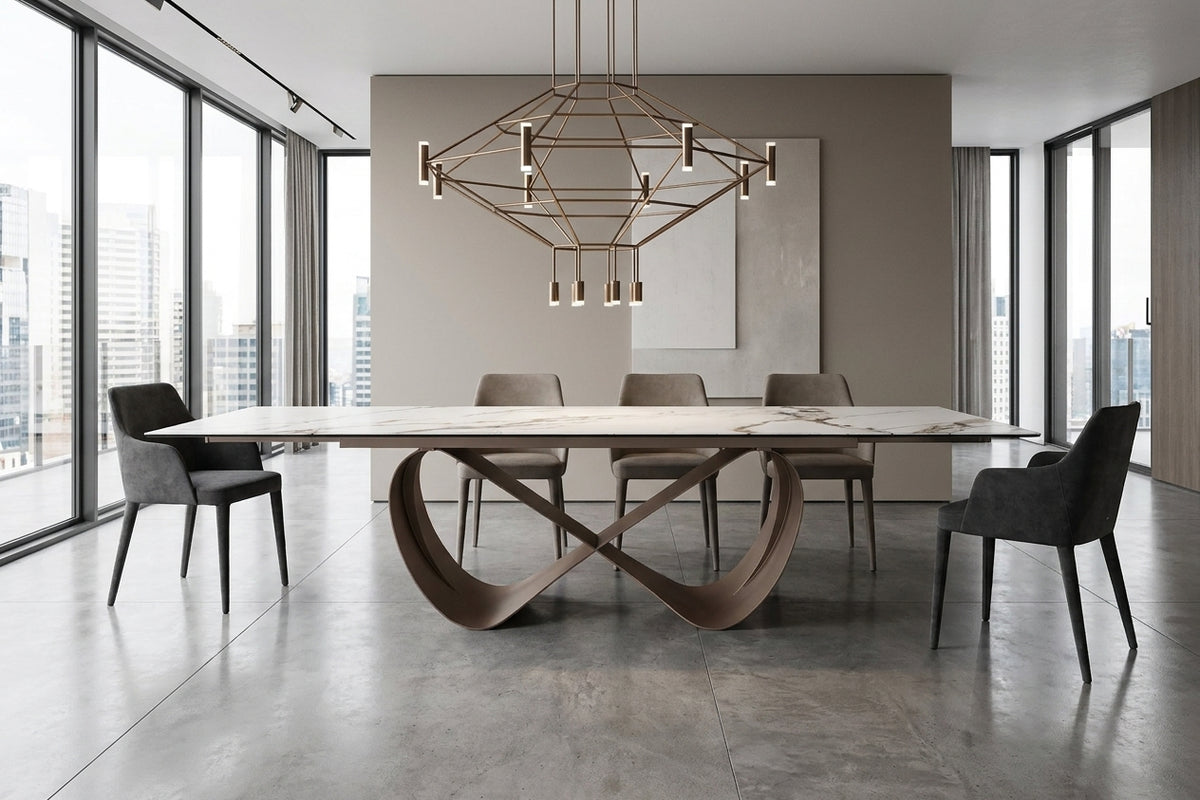Sleek White Marble-Look Dining Table with Extension Leaves and Sculptural Base