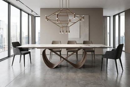 Sleek White Marble-Look Dining Table with Extension Leaves and Sculptural Base