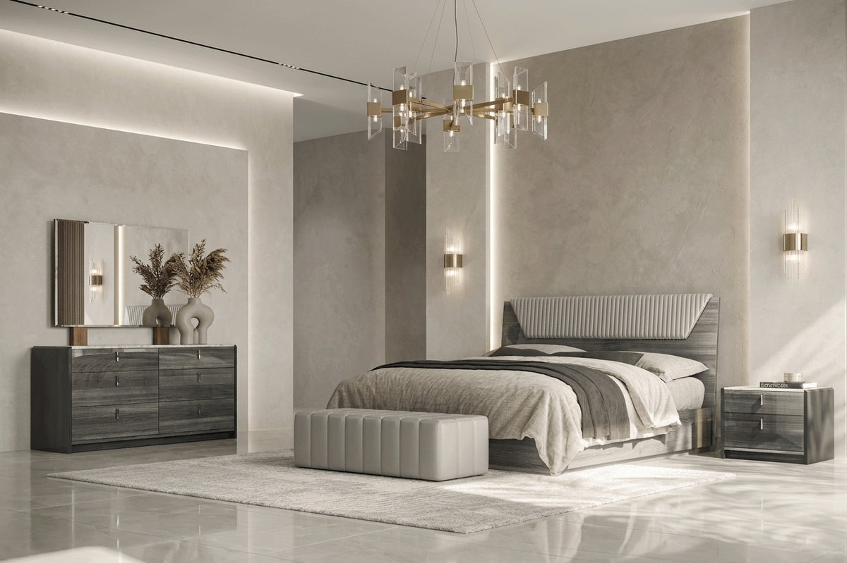 Modern Grey Oak King Bedroom Set with Upholstered Headboard and Marble-Effect Top Nightstands