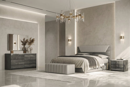 Modern Grey Oak King Bedroom Set with Upholstered Headboard and Marble-Effect Top Nightstands