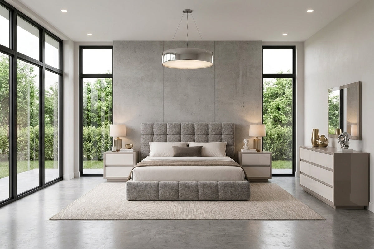Upholstered Grey Queen Bed with Grid-Tufted Headboard and Matching Dresser Set