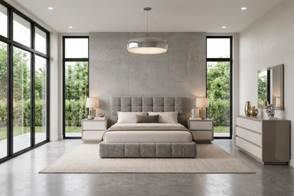 Upholstered Grey Queen Bed with Grid-Tufted Headboard and Matching Dresser Set
