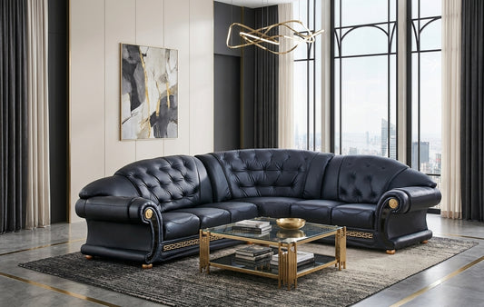 Classic Black Sectional Sofa with Tufted Leather and Medusa Accents