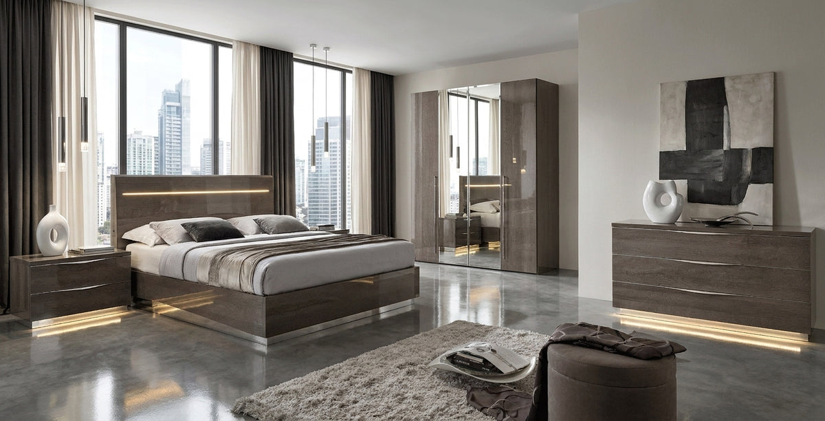 Sleek Silver Birch Bedroom Set with Integrated Headboard Lighting and Mirrored Wardrobe